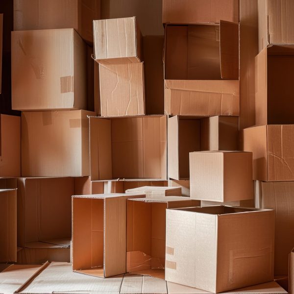Many cardboard boxes stacked in a room, some open, some closed