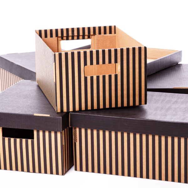 Package, delivery. Few striped boxes on a white background